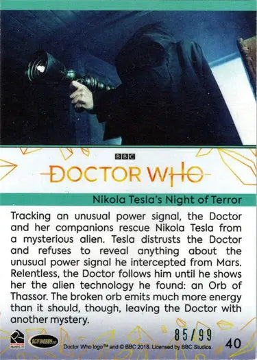 Doctor Who teal parallel card featuring Nikola Tesla’s Night 40 /99 collectible item