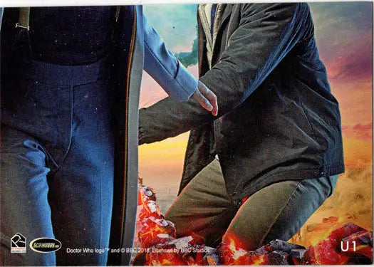 Doctor Who figures holding hands on 2022 insert card from Series 11 & 12 trading cards