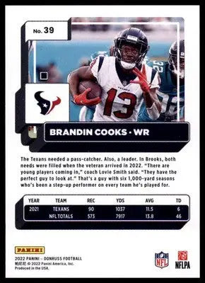 2022 Donruss Brandin Cooks 39 Houston Texans - Football Card Single