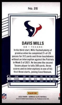 2022 Donruss Elite Davis Mills 26 Houston Texans - Football Card Single