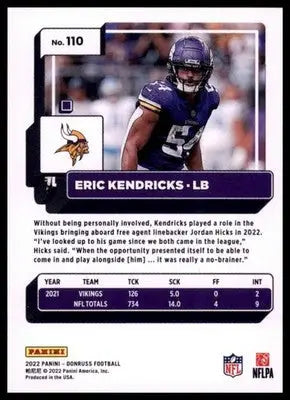2022 Donruss Eric Kendricks 110 Minnesota Vikings - Football Card Single