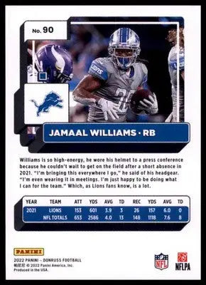 2022 Donruss Jamaal Williams 90 Detroit Lions - Football Card Single