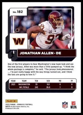 2022 Donruss Jonathan Allen 182 Washington Commanders - Football Card Single