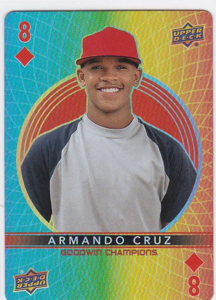 Baseball trading card of Goodwin Champions Armando Cruz smiling in red cap and gray jersey