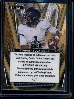 2022 Leaf Metal Keyone Jenkins #BA-KJ1 Autograph RC 4/9 Football - Football Card Single