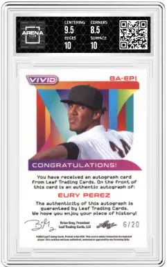 Graded Leaf Vivid Eury Pérez baseball card with autograph and player image