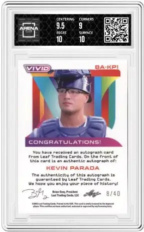 2022 Leaf Vivid Kevin Parada #BA-KP1 Auto Grey 08/40 Baseball Arena Club 9.5 - Baseball Card Single