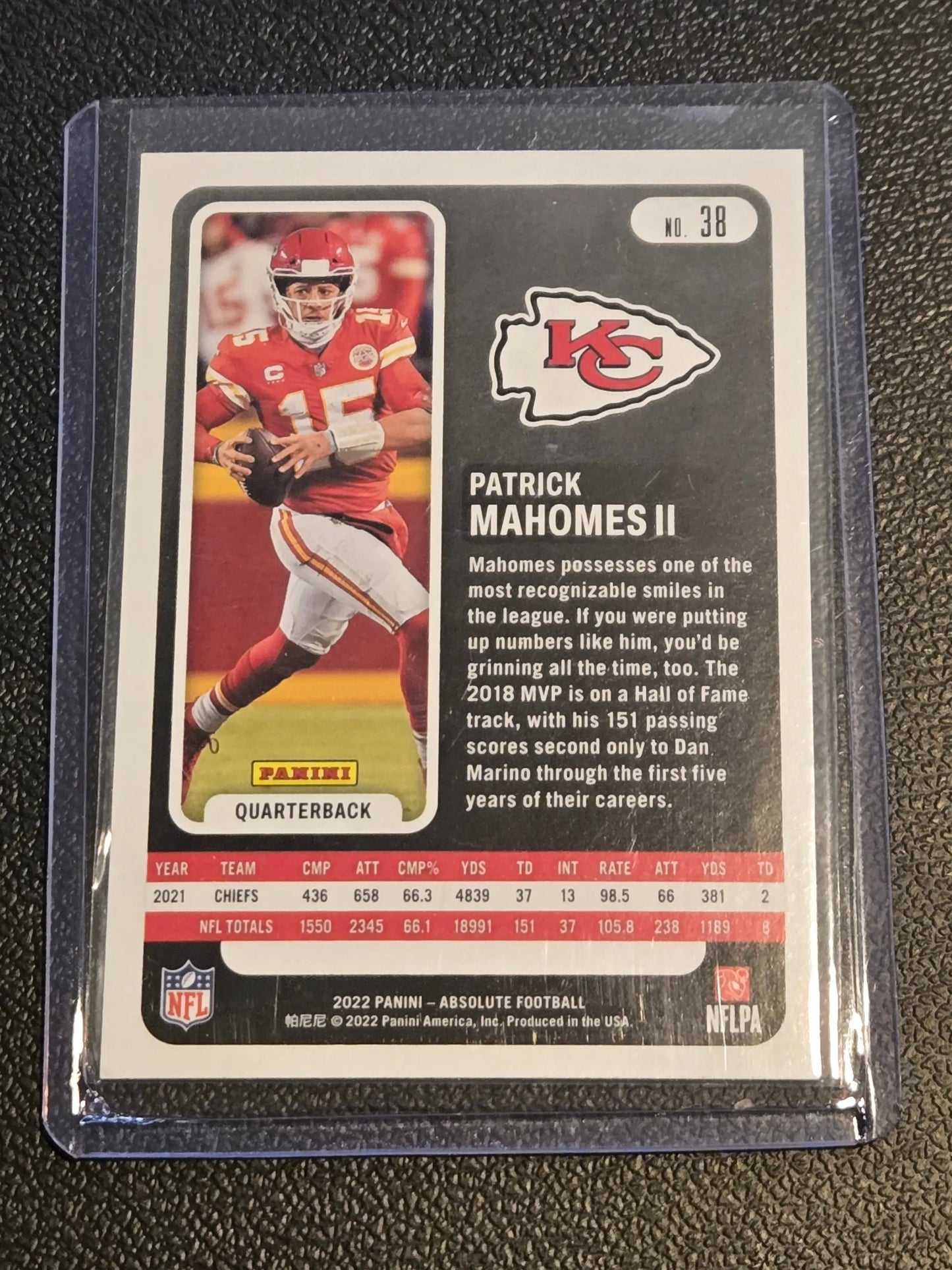 Patrick Mahomes II football card from Panini Absolute 2022 Mahomes II Retail series