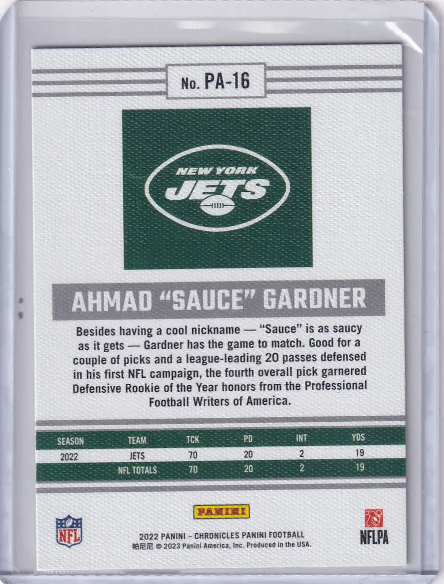 2022 Panini Chronicles #PA-16 Ahmad Sauce Gardner - New York Jets - Football Card Single