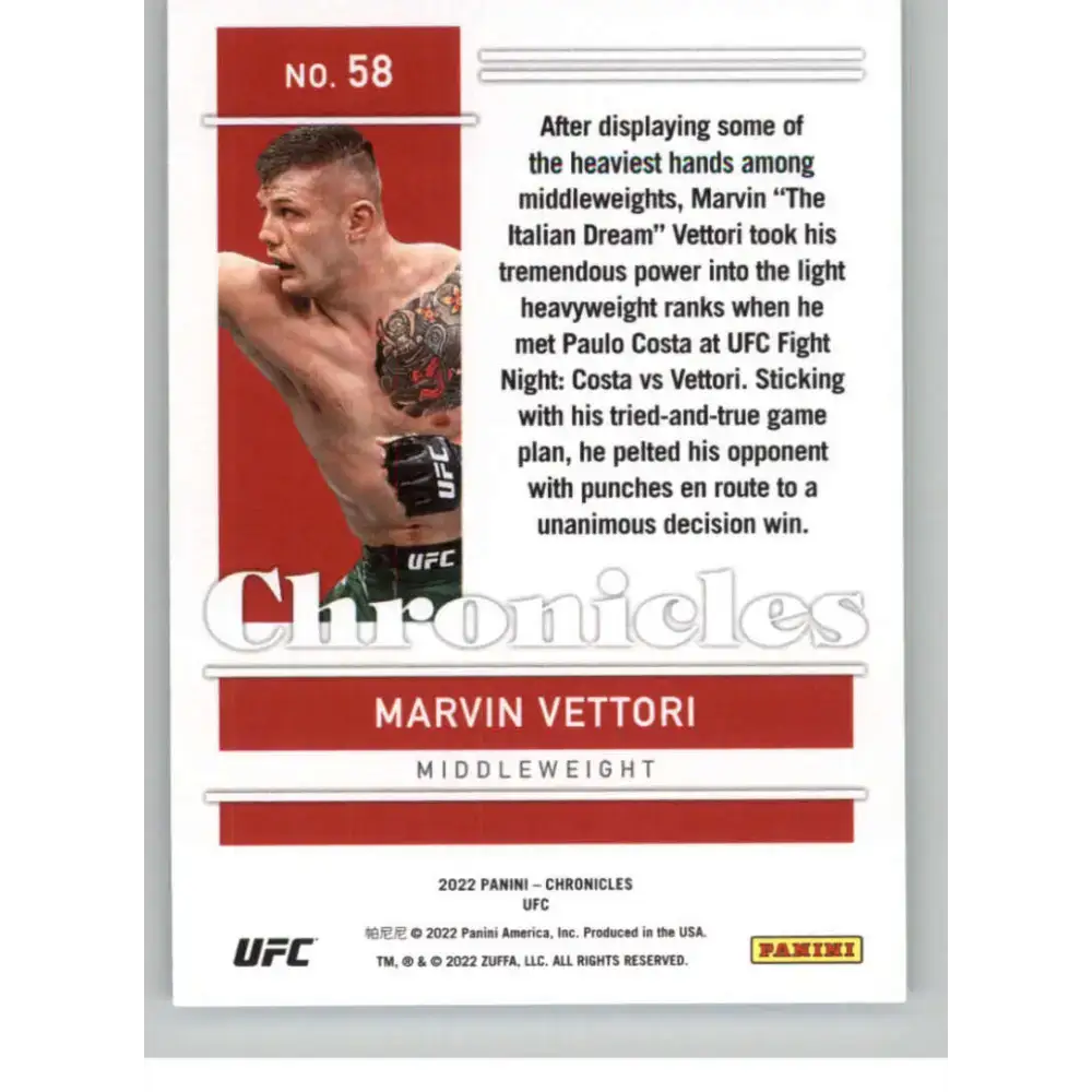2022 Panini Chronicles UFC #58 Marvin Vettori NM-MT Middleweight MMA Card - UFC/MMA Card Single