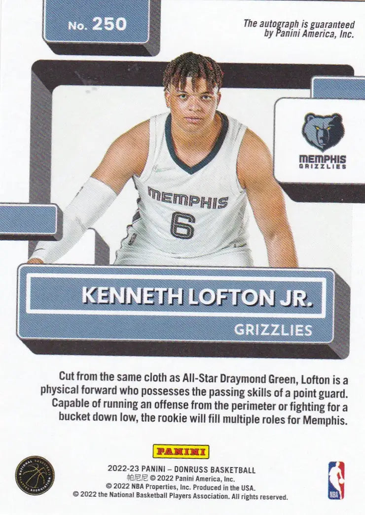 2022 PANINI DONRUSS #250 KENNETH LOFTON JR AUTO- MEMPHIS GRIZZLIES - Basketball Card Single