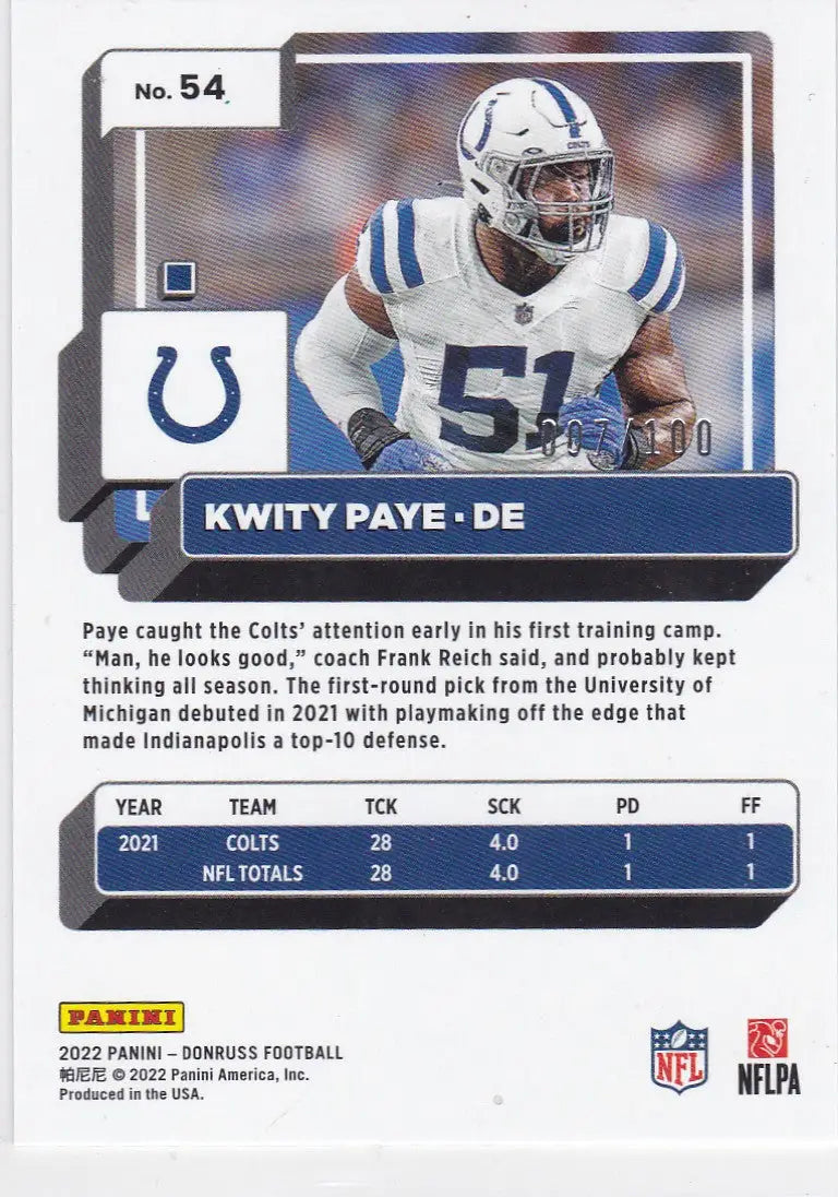 2022 Panini Donruss #54 Kwity Paye Press Proof 7/100 Inidianapolis Colts - Football Card Single