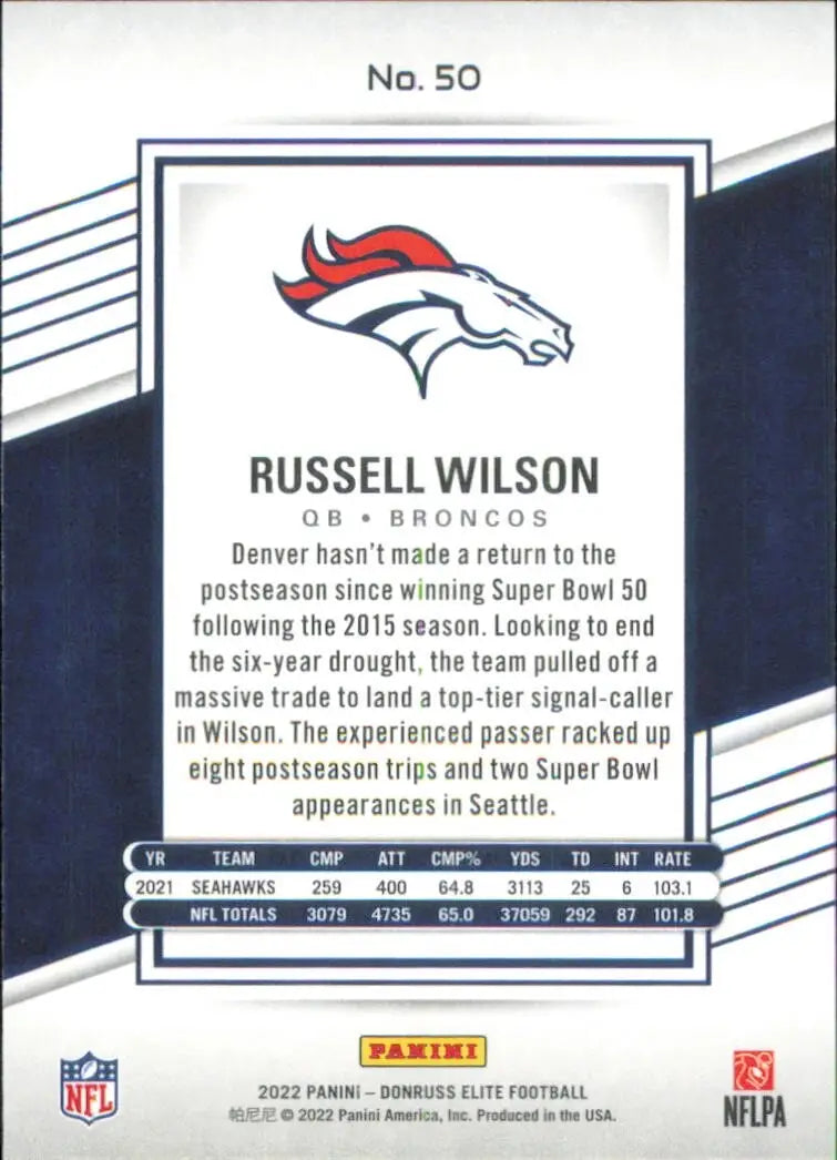 2022 Panini Donruss Elite Green #50 Russell Wilson Denver Broncos Football Card - Football Card Single