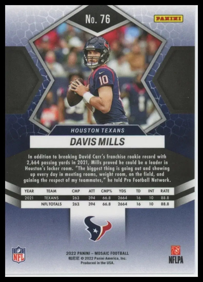 2022 Panini Mosaic Davis Mills #76 Houston Texans Football Card NFL Sports - Football Card Single
