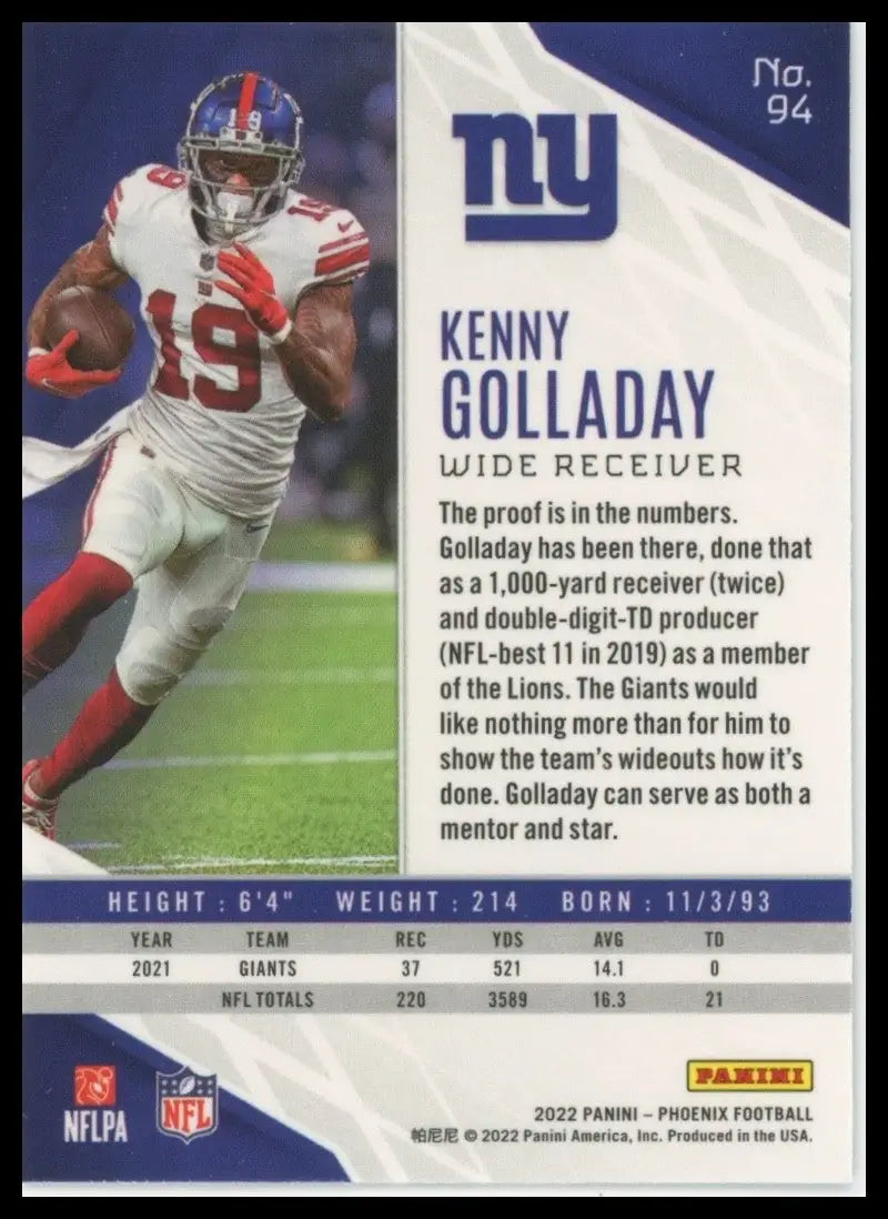 2022 Panini Phoenix Kenny Golladay #94 New York Giants Football Card NFL Sports - Football Card Single
