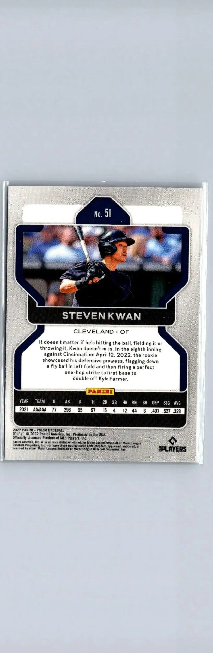 Steven Kwan baseball card from 2022 Panini Prizm series showcasing sports collectible