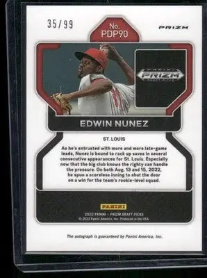 2022 Panini Prizm Draft Picks Edwin Nunez #PDP90 Red Auto 35/99 Baseball - Baseball Card Single