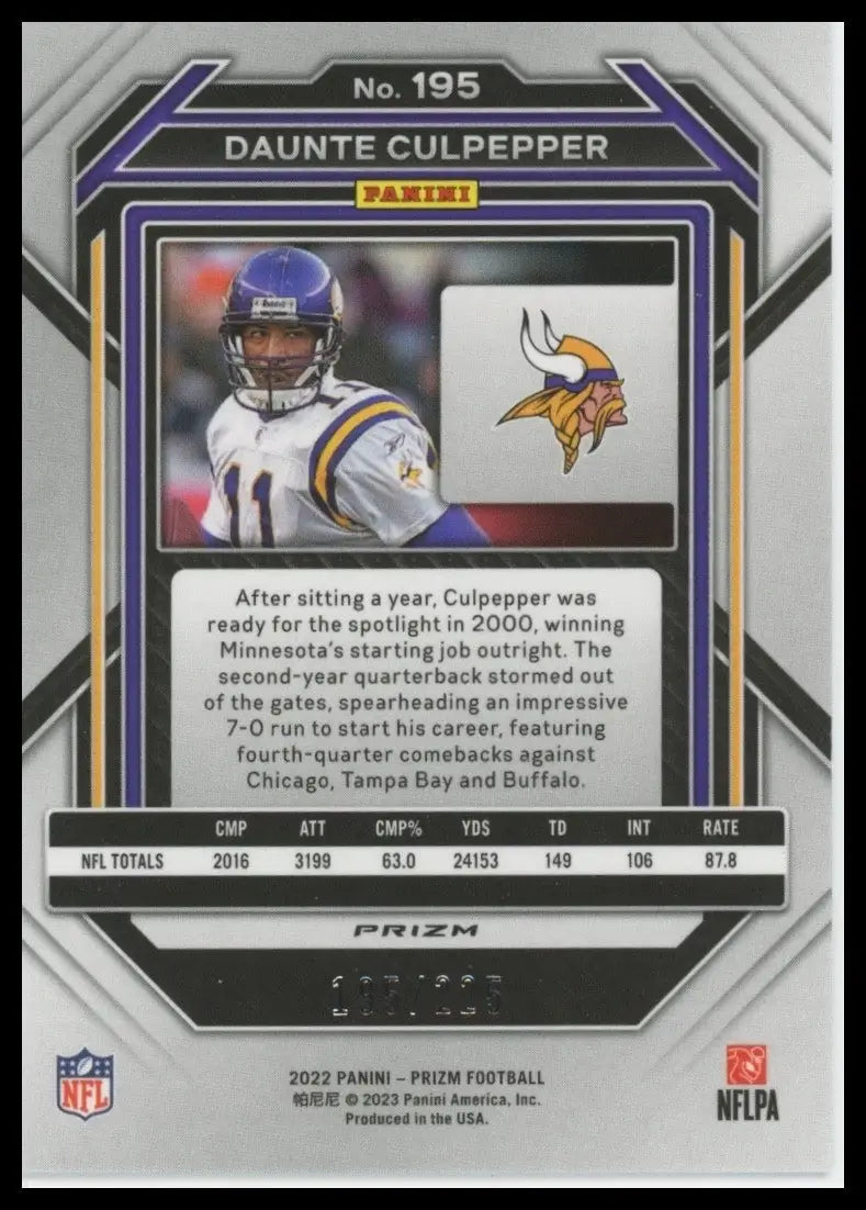 2022 Panini Prizm Purple Ice /225 Daunte Culpepper #195 Minnesota Vikings Card