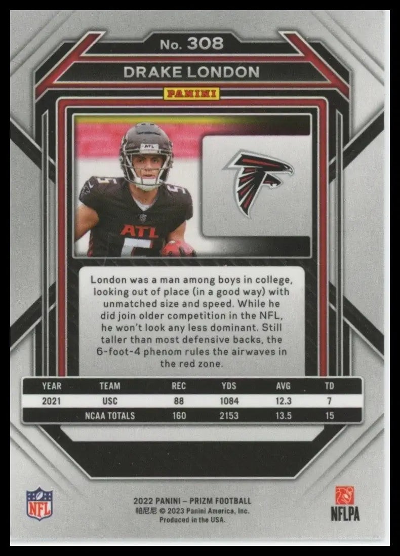 2022 Panini Prizm - Rookies Drake London #308 (RC) - Football Card Single