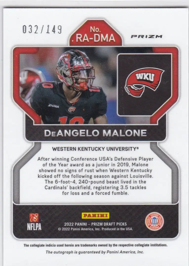 2022 PRIZM DRAFT PICK #RA-DMA DEANGELO MALONE AUTO 32/149- ATLANTA FALCONS - Football Card Single