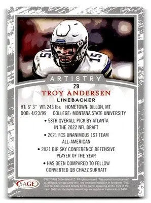 2022 SAGE Artistry #29 Troy Andersen - Football Card Single