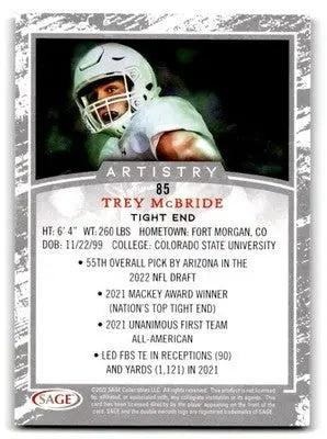 2022 SAGE Artistry #85 Trey McBride - Football Card Single