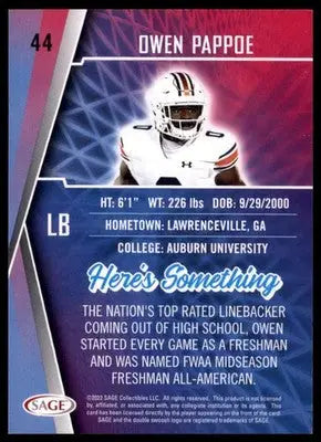2022 SAGE Owen Pappoe 44 Baltimore Ravens - Football Card Single