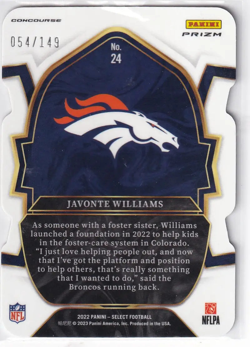 2022 SELECT #24 JAVONTE WILLIAMS DIE CUT 54/149- DENVER BRONCOS - Football Card Single