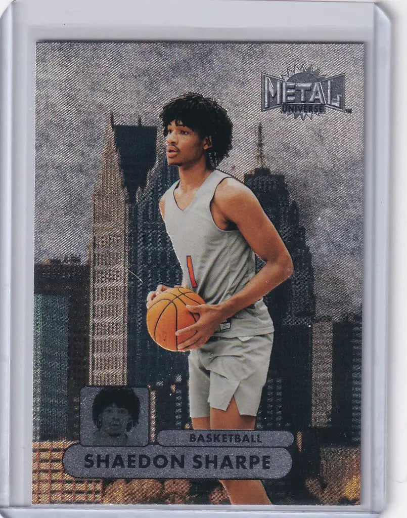 Basketball trading card of Shaedon Sharpe against city skyline, Skybox Metal Universe design
