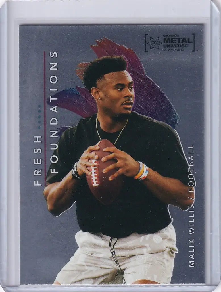 Football trading card of Malik Willis in throwing stance from Skybox Metal Universe
