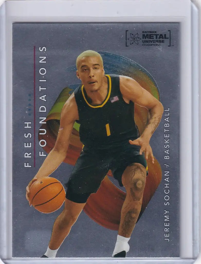Basketball trading card of Jeremy Sochan in dark uniform from Skybox Metal Universe