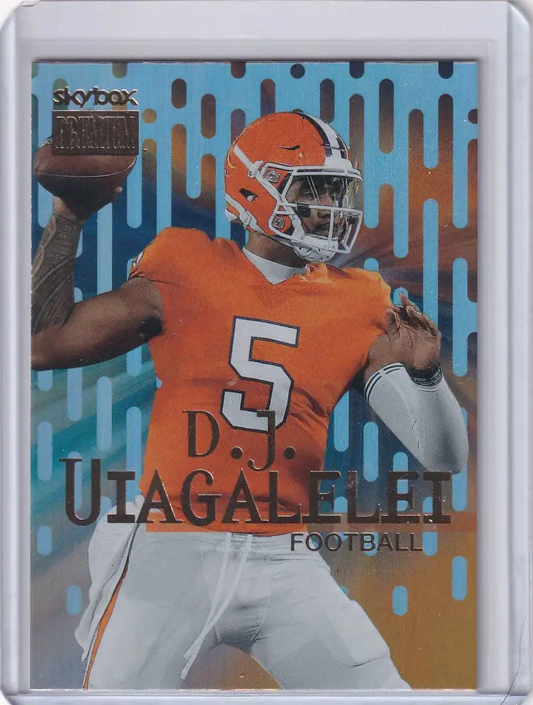 Football trading card of D.J. Uiagalelei in orange jersey, Skybox Metal Universe Champions