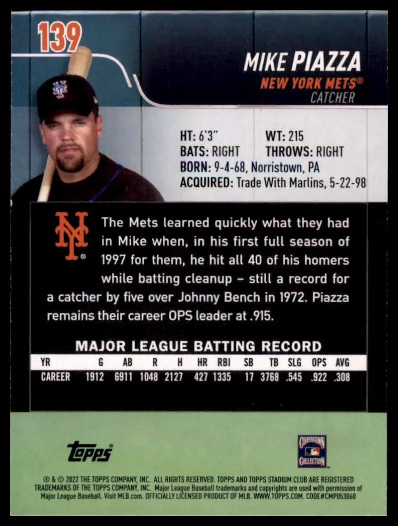 2022 Stadium Club - Black Foil Mike Piazza 139 New York Mets NM - Baseball Card Single