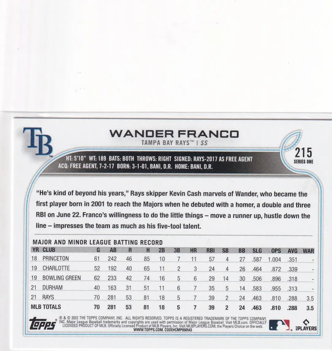 2022 TOPPS #215 WANDER FRANCO- TAMPA BAY RAYS - Baseball Card Single