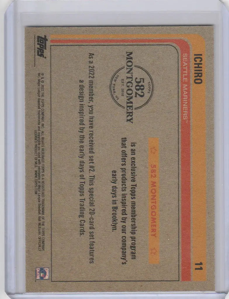 Baseball trading card showcasing player stats from 2022 Topps Montgomery Club Set Ichiro Mariners