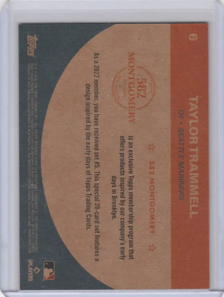 Baseball card of Taylor Trammell Seattle Mariners with stats on curved orange background