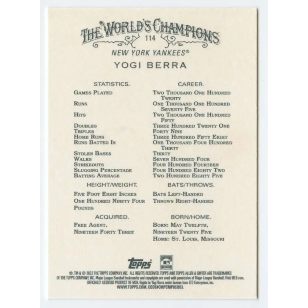 2022 Topps Allen and Ginter #114 Yogi Berra NM-MT New York Yankees Baseball Card Image 2