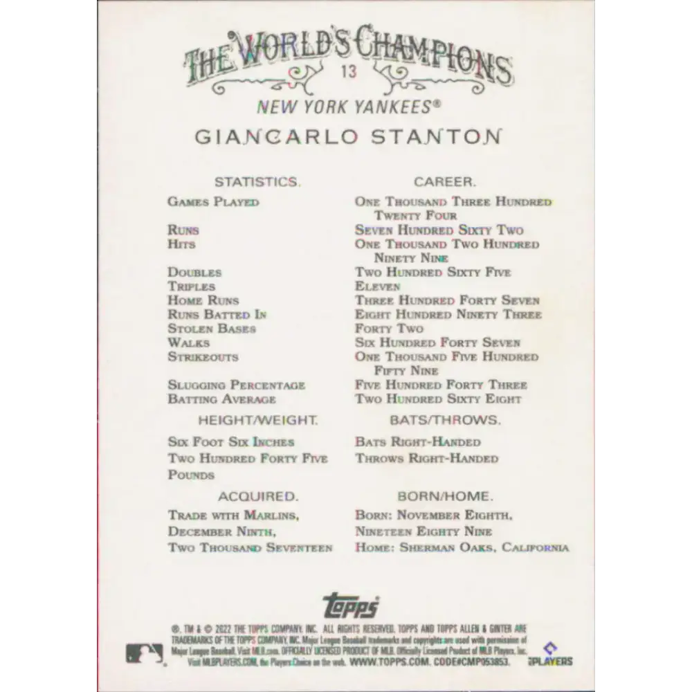 2022 Topps Allen and Ginter #13 Giancarlo Stanton NM-MT New York Yankees Baseball Card - Baseball Card Single