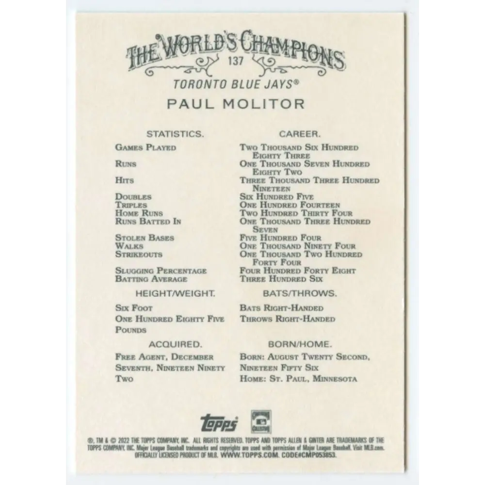 2022 Topps Allen and Ginter #137 Paul Molitor NM-MT Toronto Blue Jays Baseball Card Image 2