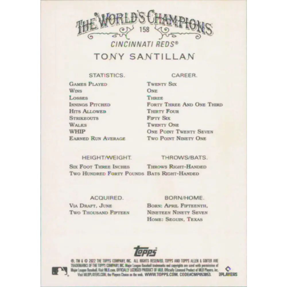 2022 Topps Allen and Ginter #158 Tony Santillan NM-MT RC Rookie Cincinnati Reds Baseball Card Image 2