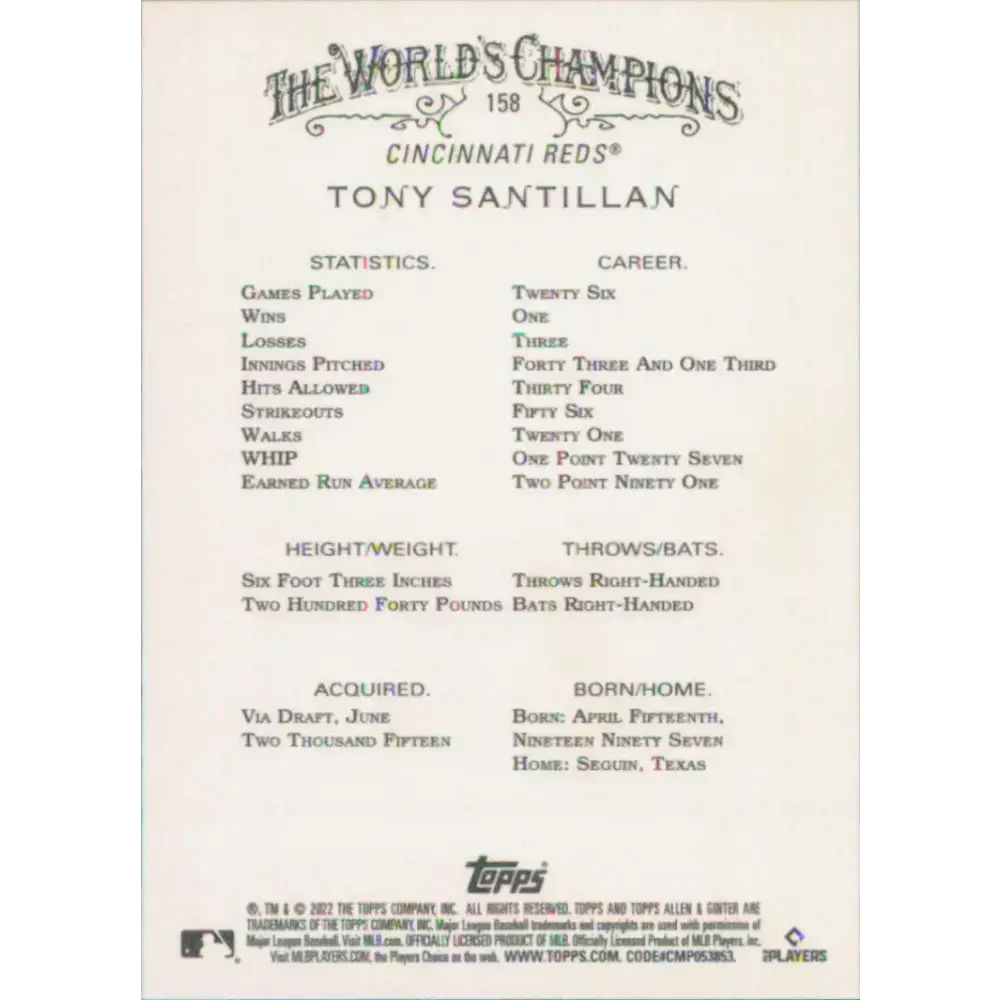2022 Topps Allen and Ginter #158 Tony Santillan NM-MT RC Rookie Cincinnati Reds Baseball Card - Baseball Card Single