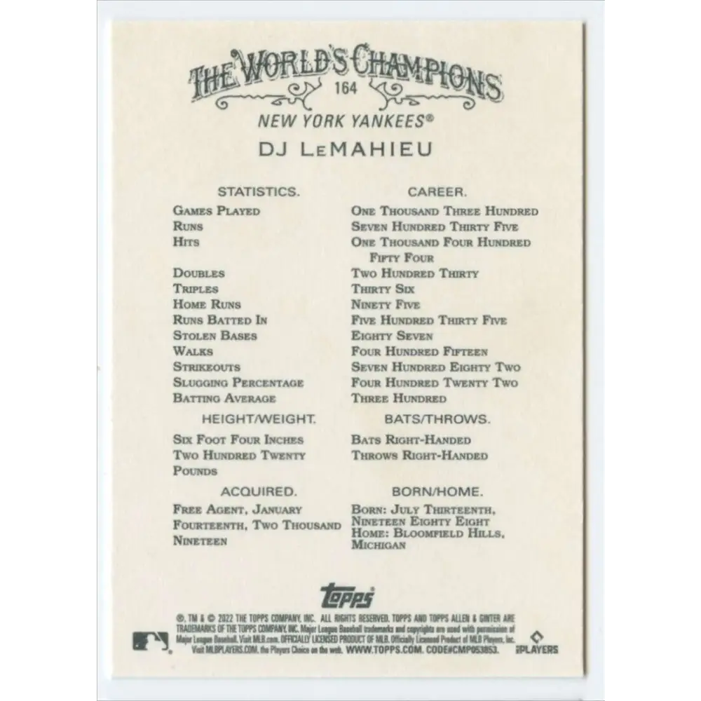 2022 Topps Allen and Ginter #164 DJ LeMahieu NM-MT New York Yankees Baseball Card Image 2