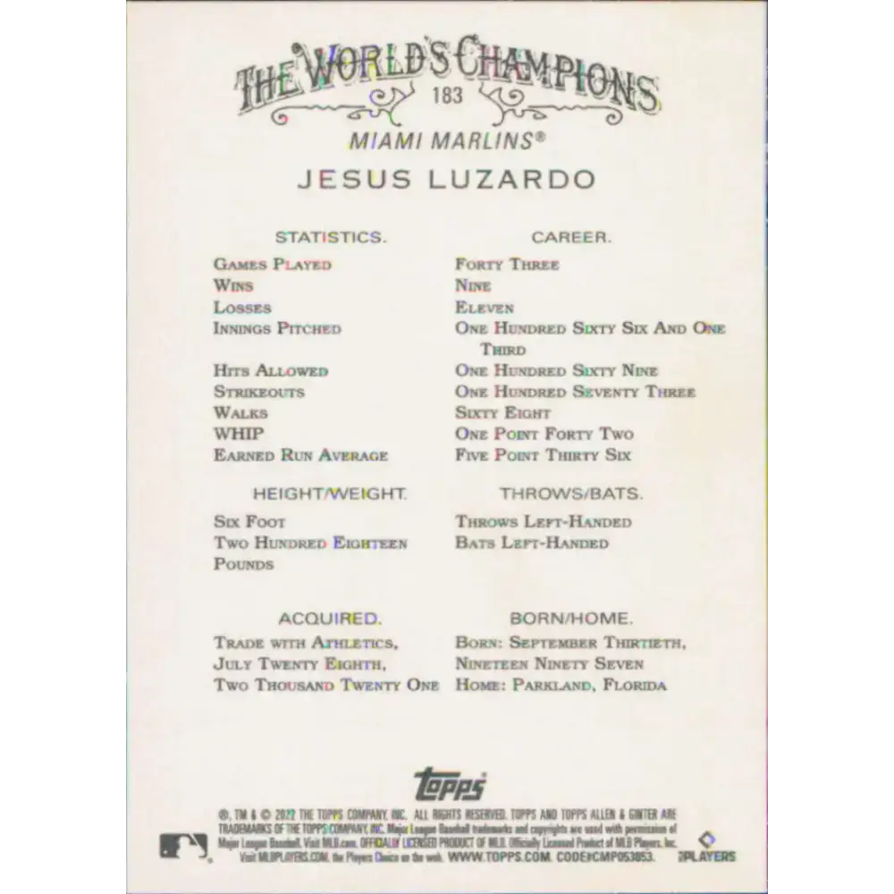 2022 Topps Allen and Ginter #183 Jesus Luzardo NM-MT Miami Marlins Baseball Card - Baseball Card Single