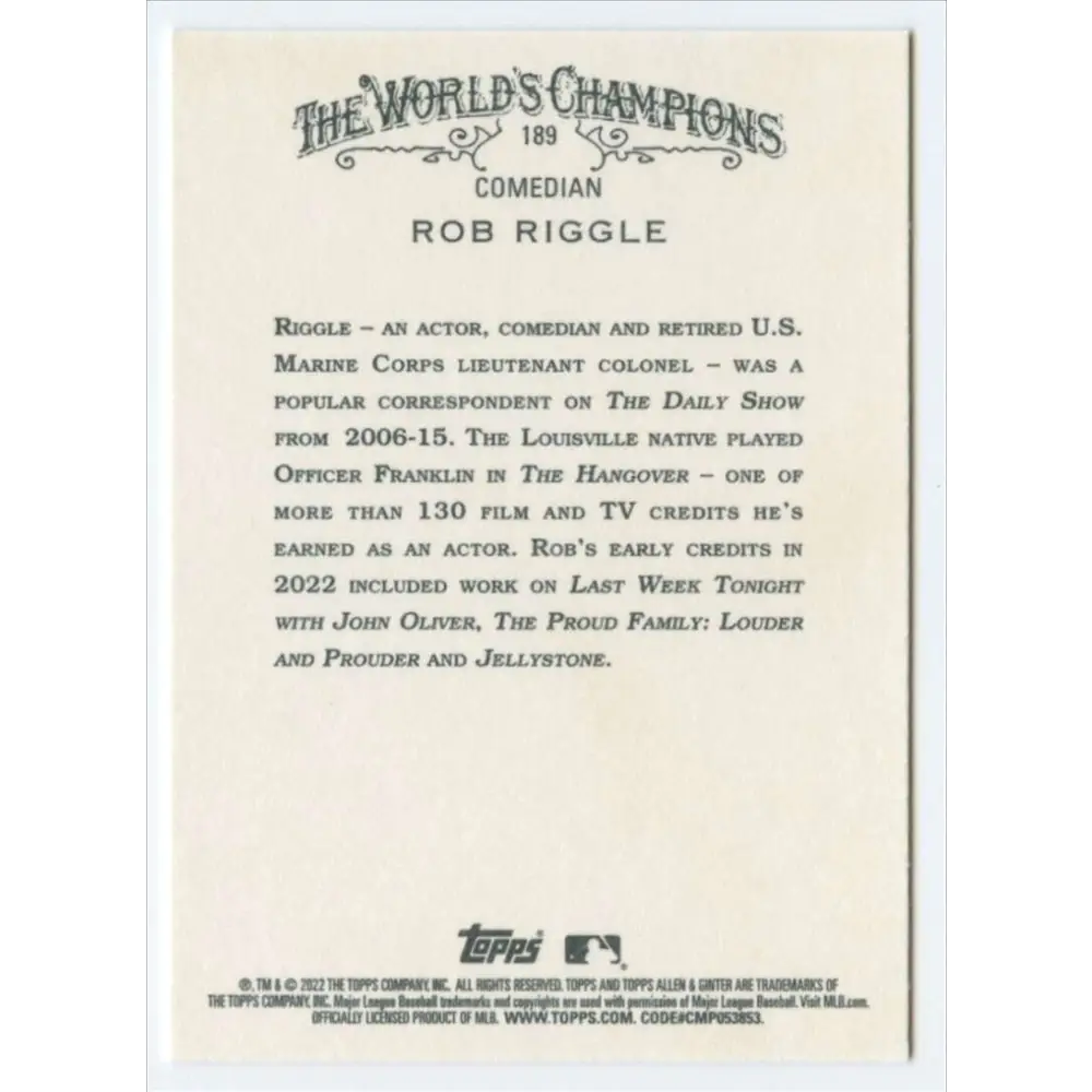 2022 Topps Allen and Ginter #189 Rob Riggle NM-MT Baseball Card Image 2