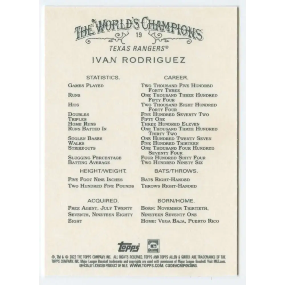 2022 Topps Allen and Ginter #19 Ivan Rodriguez NM-MT Texas Rangers Baseball Card - Baseball Card Single