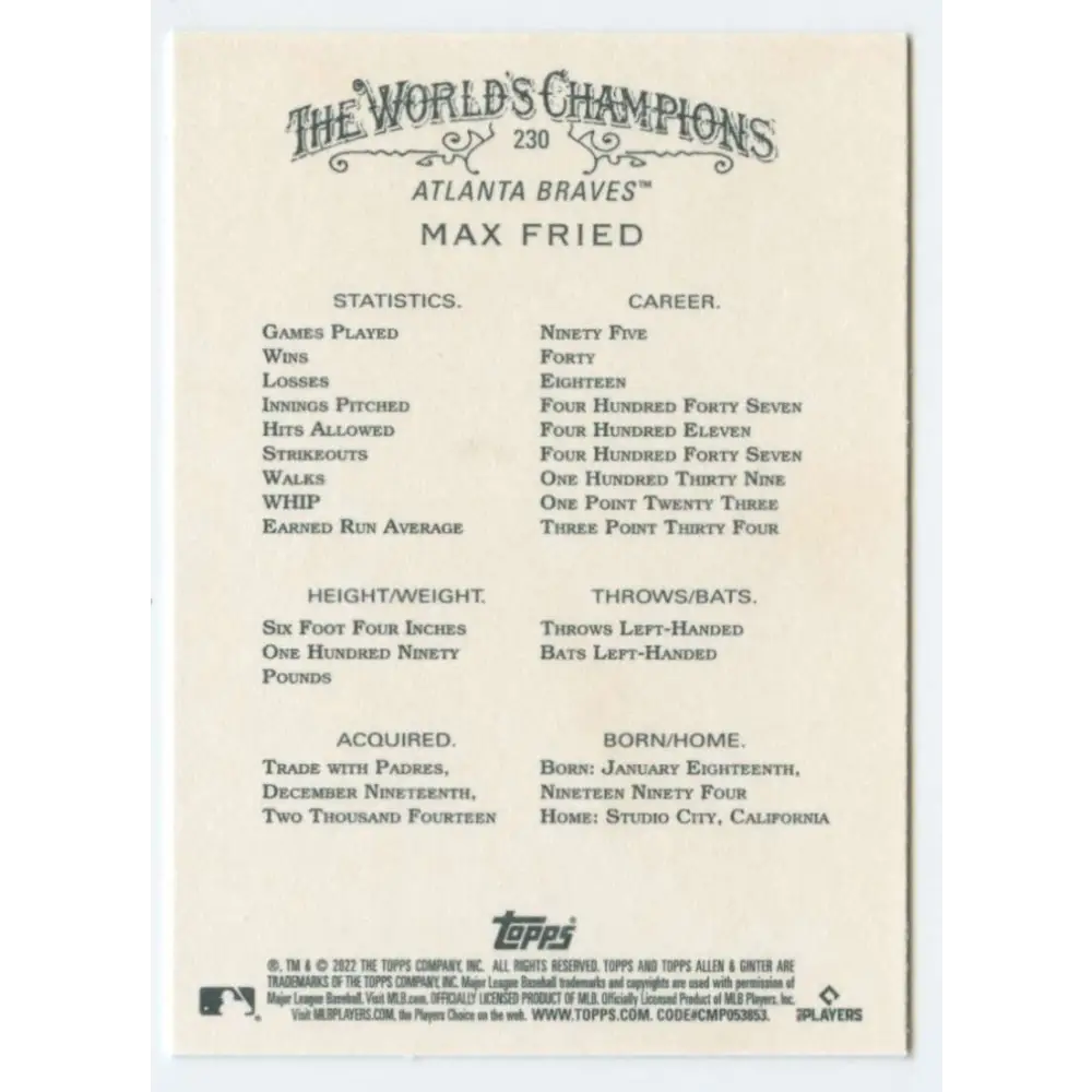 2022 Topps Allen and Ginter #230 Max Fried NM-MT Atlanta Braves Baseball Card Image 2