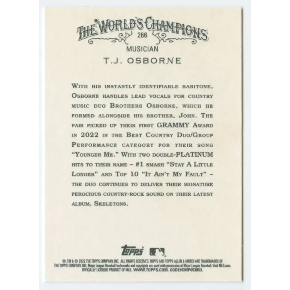 2022 Topps Allen and Ginter #266 T.J. Osborne NM-MT Baseball Card - Baseball Card Single