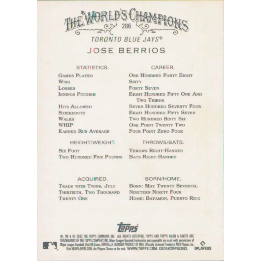 2022 Topps Allen and Ginter #286 Jose Berrios NM-MT Toronto Blue Jays Baseball Card Image 2