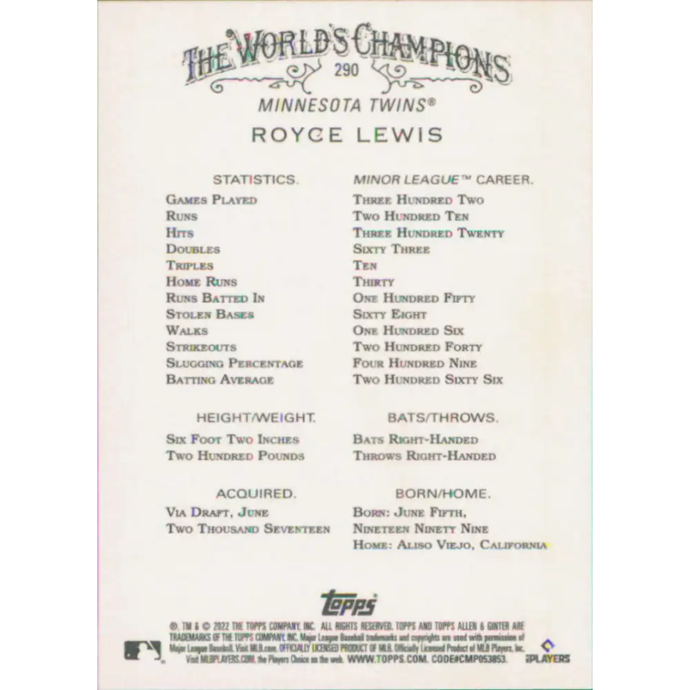 2022 Topps Allen and Ginter #290 Royce Lewis NM-MT RC Rookie Minnesota Twins Baseball Card Image 2