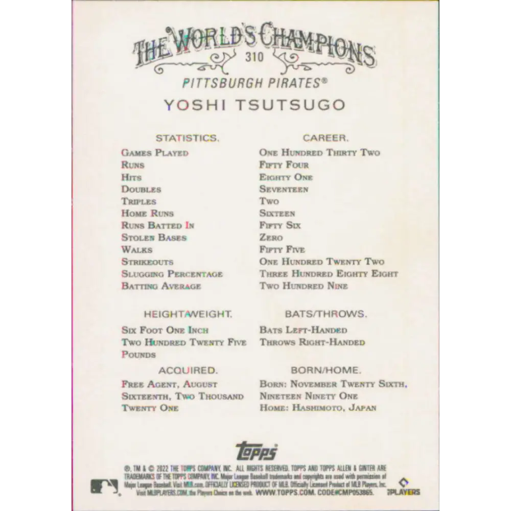 2022 Topps Allen and Ginter #310 Yoshi Tsutsugo NM-MT Pittsburgh Pirates Baseball Card Image 2